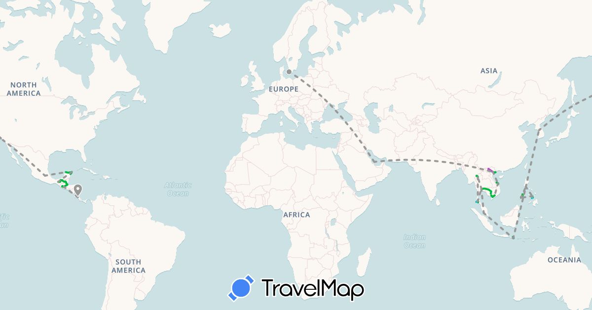 TravelMap itinerary: driving, bus, plane, train, boat in Costa Rica, Denmark, Guatemala, Indonesia, Cambodia, South Korea, Mexico, Malaysia, Philippines, Qatar, Thailand, United States, Vietnam (Asia, Europe, North America)